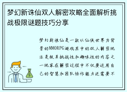 梦幻新诛仙双人解密攻略全面解析挑战极限谜题技巧分享