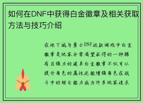 如何在DNF中获得白金徽章及相关获取方法与技巧介绍